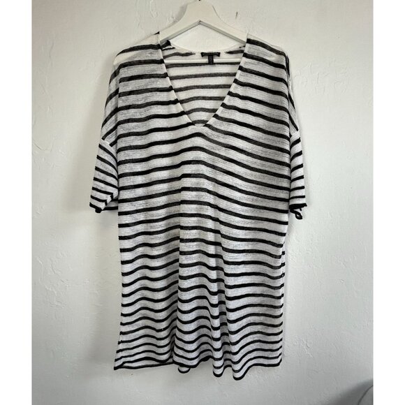 Eileen Fisher Womens Striped V-Neck Organic Linen Blend Tunic Top Large Casual - Picture 1 of 9